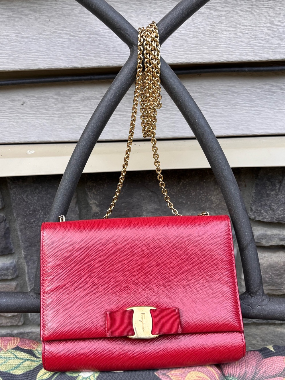 Salvatore Ferragamo Red Leather Crossbody with Gold Chain and Bow Detail